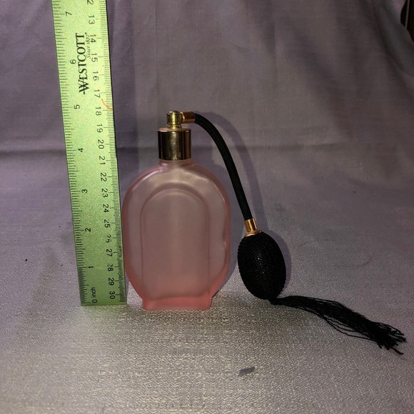 Vintage Pink Frosted Glass Purfume Bottle, Victorian Vanity, Barbie access, 5” - Picture 5 of 5